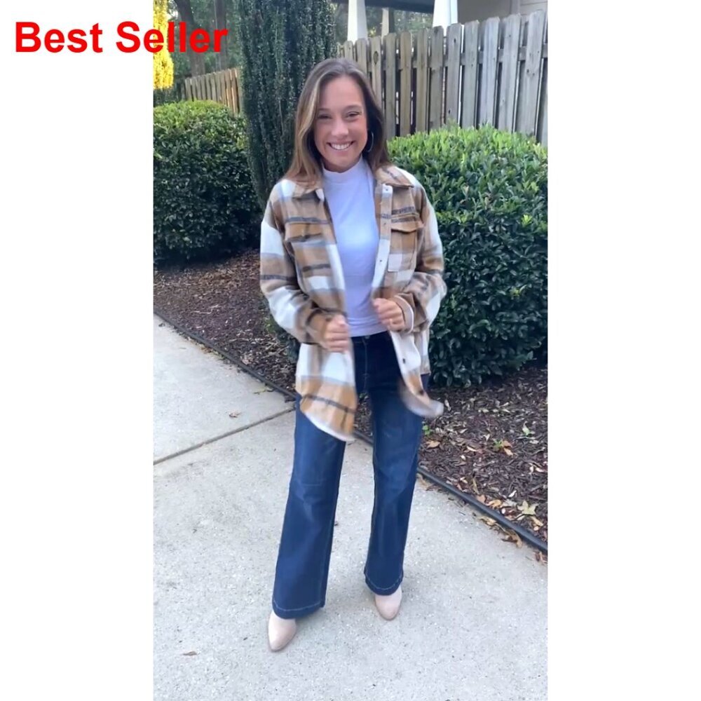 Women's Plaid Flannel Shacket Button Down Shirt Midweight Polyester - Picture 6 of 7
